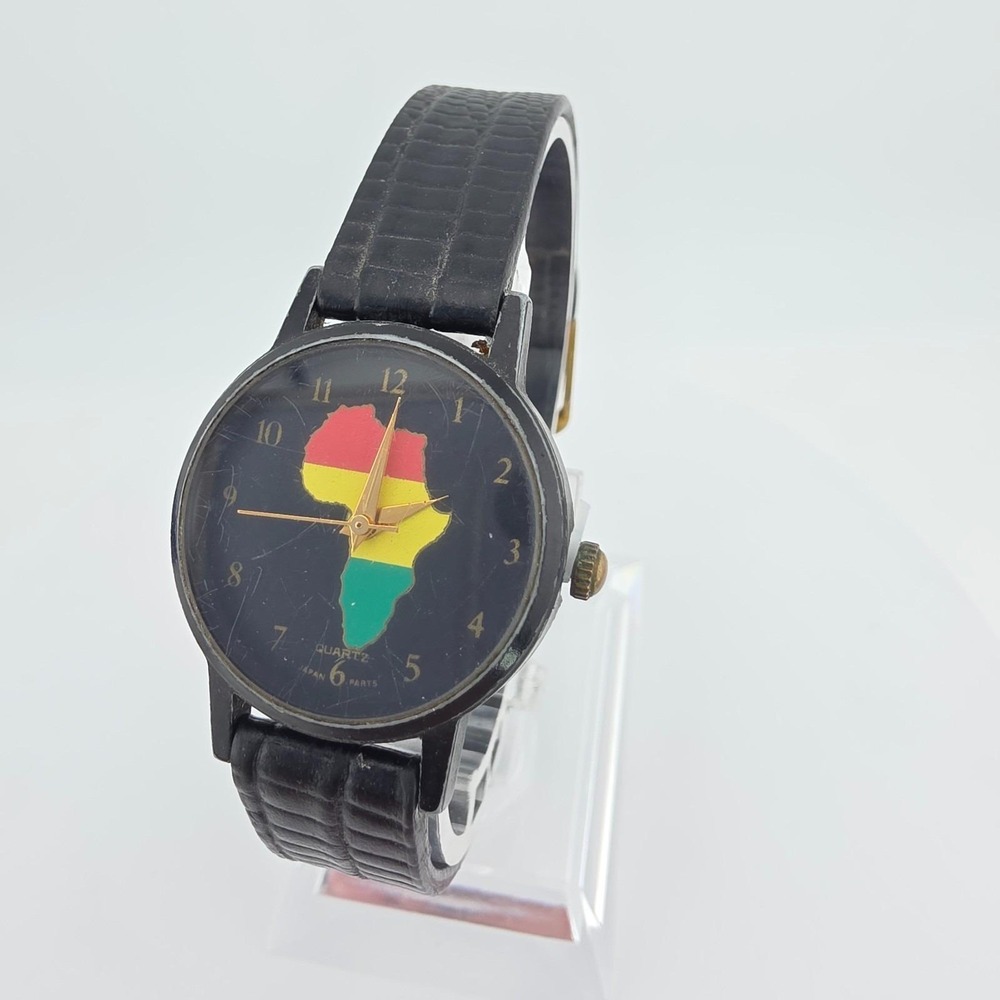 Vtg SWI Hong Kong Watch Pan African Rastafari Color Graphic Black Leather 6.5"